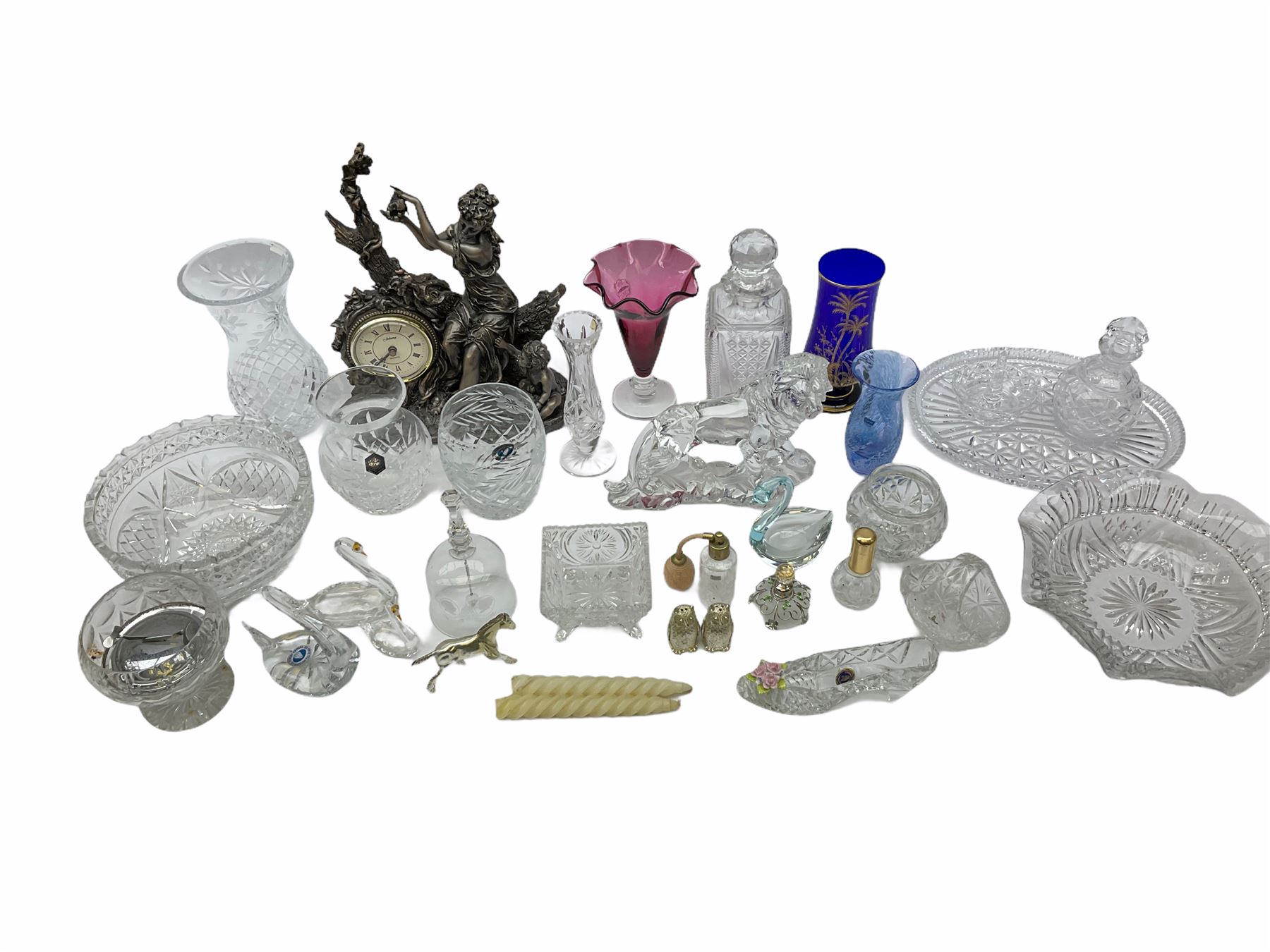 Juliana bronze effect quartz clock depicting a woman and child H32.5, along with an collection of glassware, including a cathiness vase, Royal Scot cranberry glass tulip vase, a cut glass decanter etc. 