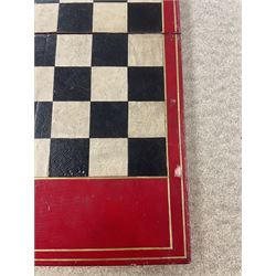 19th century walnut and brass bound games compendium box, painted to enhance the grain, of rectangular form, the hinged opening cover with rounded sides, central brass cartouche with engraved lion crest, and brass riveted straps, opening to reveal a red leather and blue silk lined compartmented interior, with fold-down games board, and lift-out tray containing playing cards, ebony turned dice towers, white and red stained bone draughts, and chess pieces, ivory dice, and ivory and ebony whist markers, and brass bezique board, cribbage board and markers, H15cm W32cm D24cm
This lot has been registered for sale under Section 10 of the APHA Ivory Act