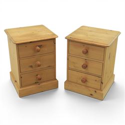 Pair of solid pine three drawer bedside pedestal chests