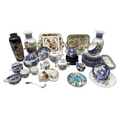 Collection of Oriental and Oriental style ceramics, including a pair of vases of baluster form with bird decoration, teapot and matching cups and saucers etc