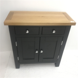 Oak and painted finish side cabinet, two drawers above two cupboards, stile supports, W75cm, H81cm, D35cm