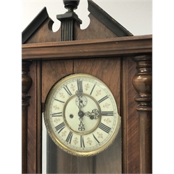 Late 19th century Vienna type wall clock, walnut and beech cased, eight day movement striking the hours and half on coil, H107cm (two weights and pendulum)