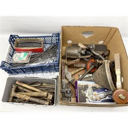 Quantity of vintage tools to include Chesterman Sheffield tape measure, spirit level, Mason Master Safe D Speeder Mk2, pair of gas fitters pliers with military mark, tinsnips, hammers, etc and ornamental Arabic Jambiya, cigarette cards, Hornby OO Gauge rails and points