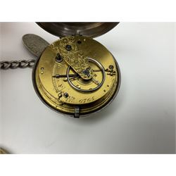 Victorian silver pair cased fusee lever pocket watch, No. 6765, cream enamel dial with Roman numerals, case makers mark R.S, Birmingham 1861, on silver Albert chain
