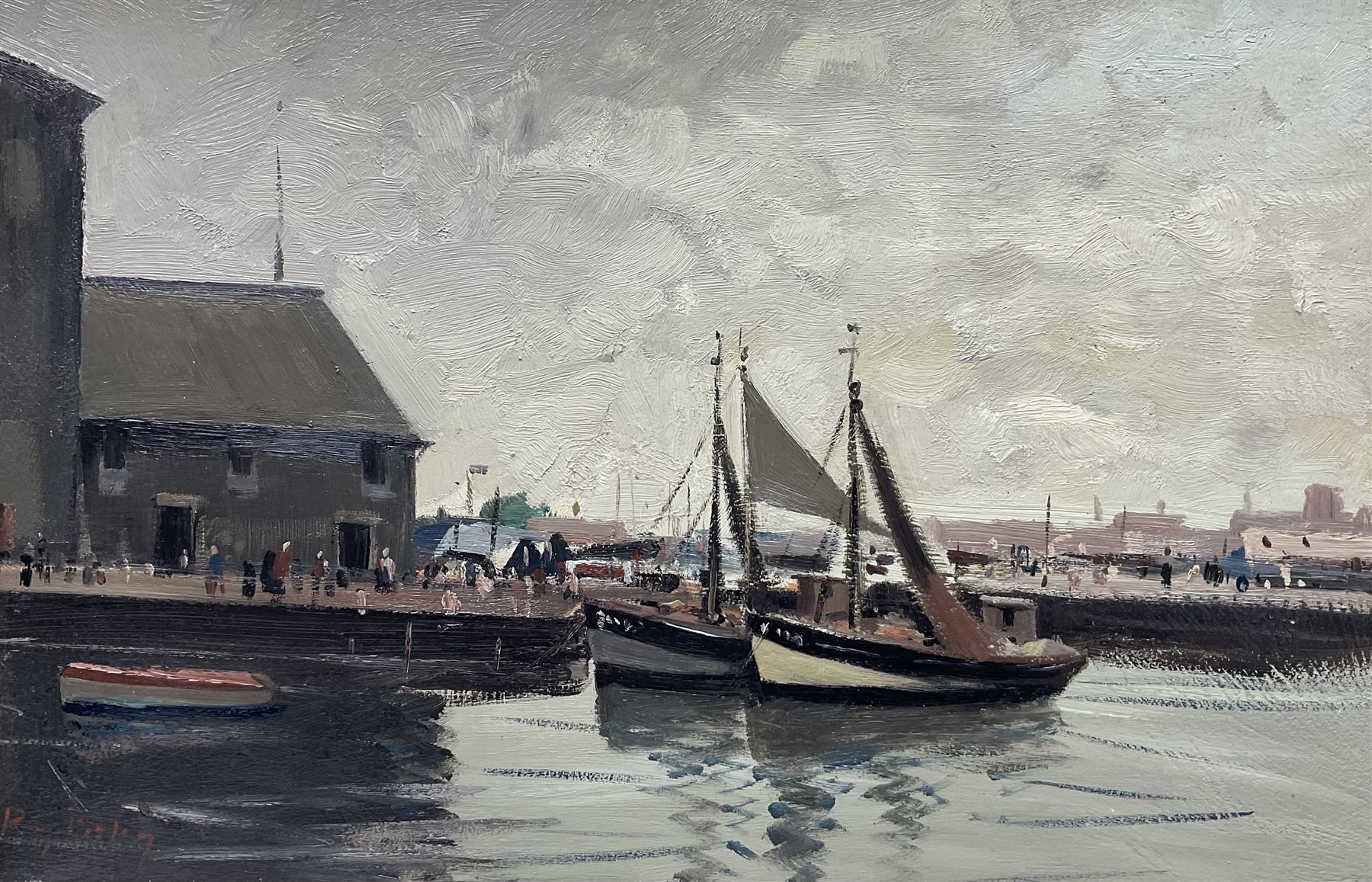 Roy Petley (British 1950-): Fishing Boats by the Quayside Honfleur, oil on panel signed, titled verso 30cm x 45cm