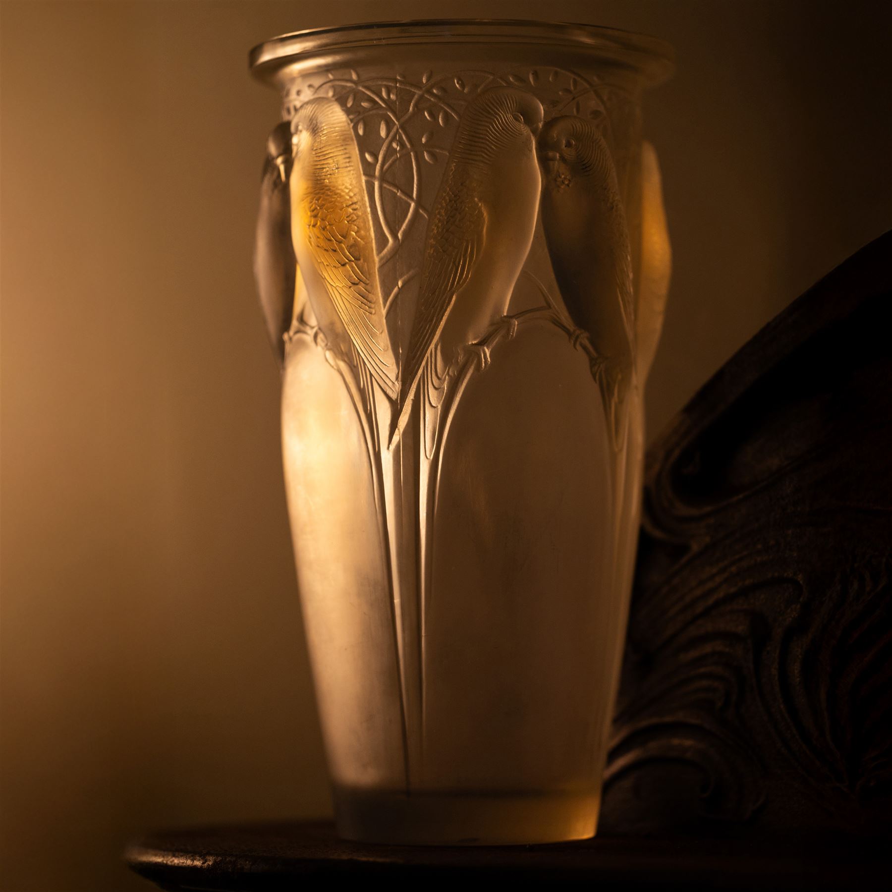 Rene Lalique (French 1860-1945), Ceylan pattern opalescent glass vase, model 905, designed circa 1924, engraved R Lalique France beneath, H24cm