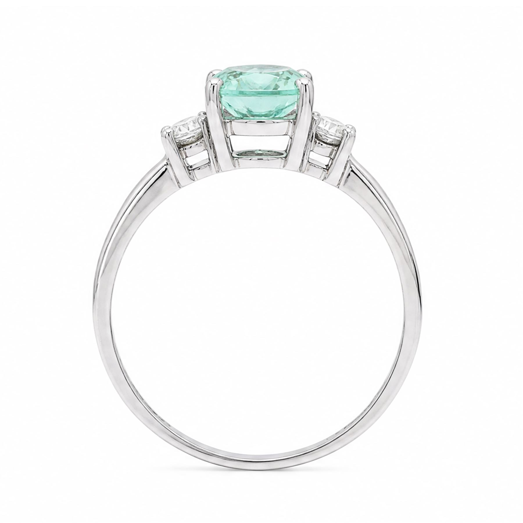 18ct white gold Paraiba tourmaline and diamond three stone ring, single round cut tourmaline of approx 1.50 carat, with a single round brilliant cut diamond set either side, hallmarked, total diamond weight approx 0.15 carat