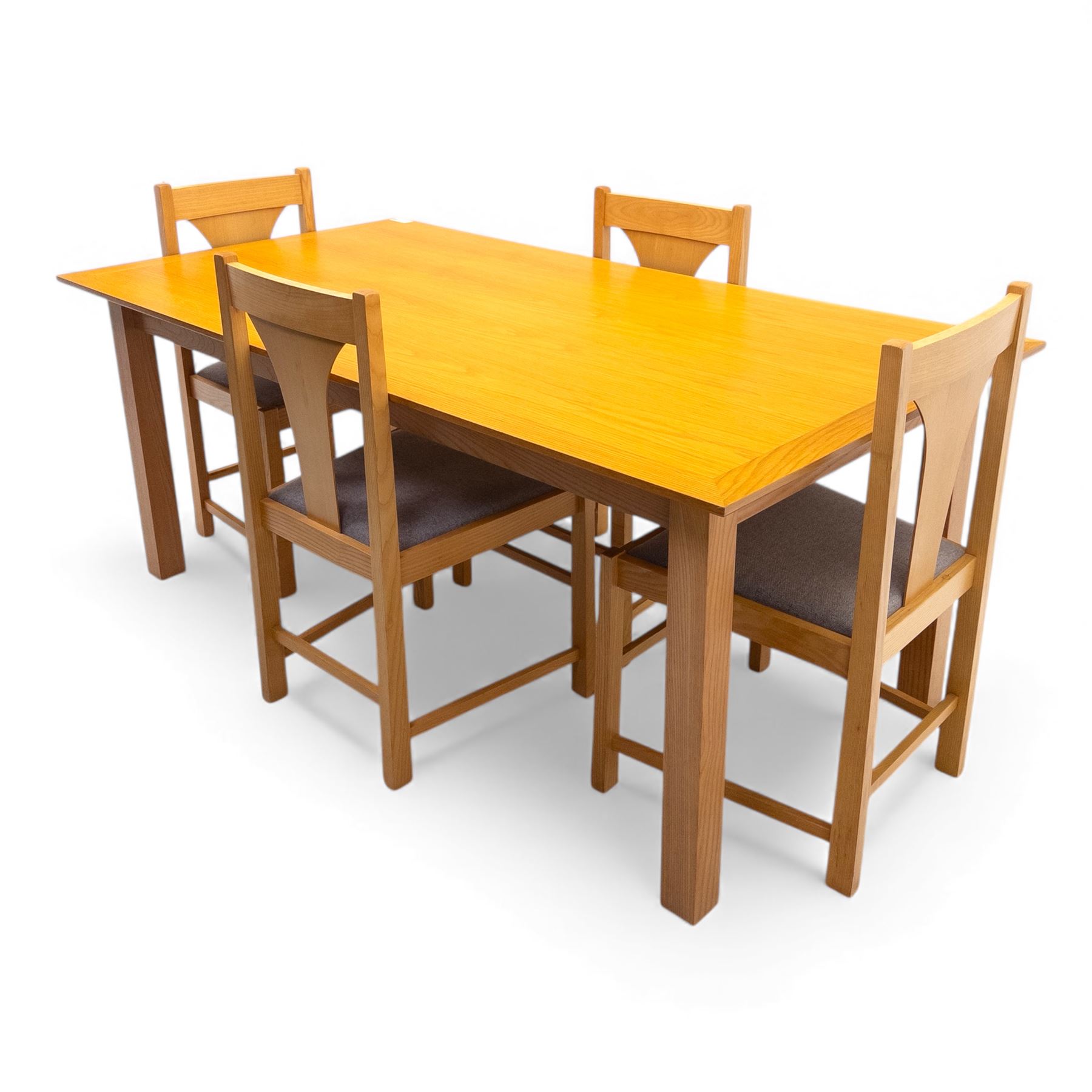Habitat - contemporary light oak dining table, rectangular veneered top, with mitred border veneer over square section legs, with six beech upholstered chairs in grey fabric, open back with central splat, raised on square section legs, W52xD44xH88cm