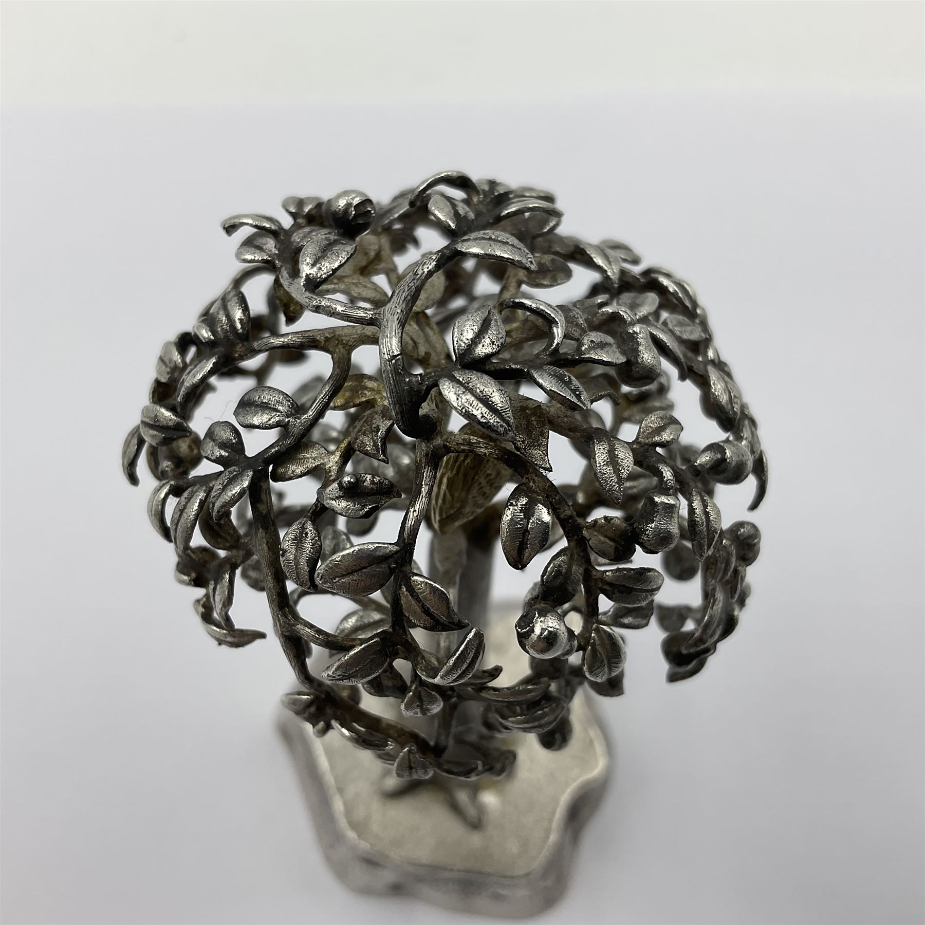 Modern silver and silver-gilt model of a partridge in a pear tree, hallmarked London 1979, maker's mark RFE, H9.5cm