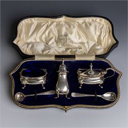 1920s silver three piece cruet set, comprising mustard pot and cover, pepper shaker and op...