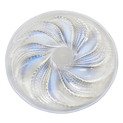 Rene Lalique opalescent Fleurons pattern glass plate, of circular form, the underside moulded with spiralling bands, acid etched R Lalique France, D27cm