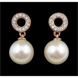 Pair of 9ct rose gold pink / white cultured pearl and pave set diamond pendant stud earrings, stamped 375