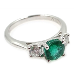  18ct white gold emerald and diamond three stone ring   