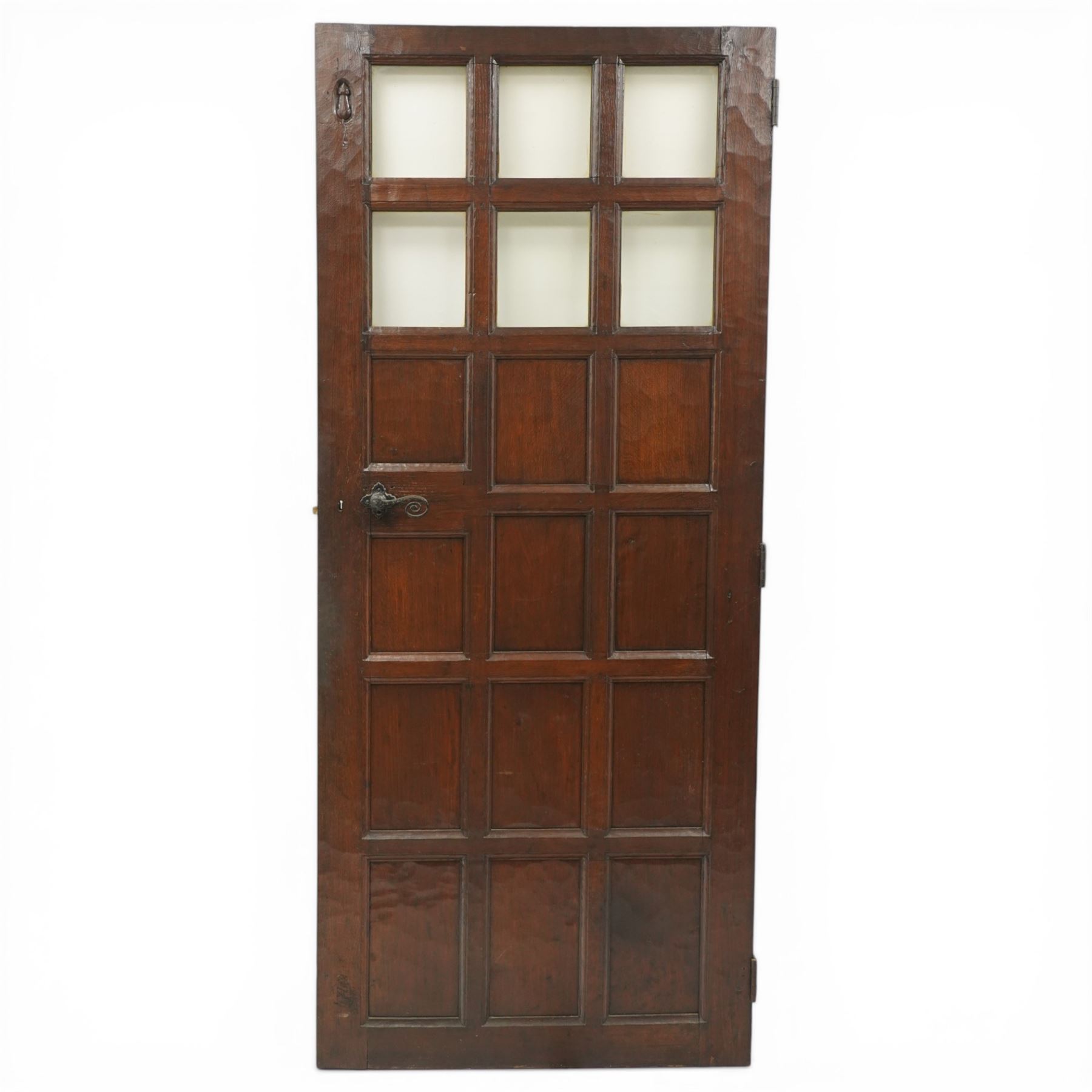 Mouseman - 1940s glazed, panelled and adzed vestibule door with castellated frame, with carved mouse signature, by Robert Thompson of Kilburn