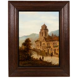 Felice Auguste Rezia (Italian 1835-1907): Stone Tower on a Lake and Church Overlooking a River - Northern Italy, pair of oils on canvas signed and dated 1902 max 40cm x 29.5cm (2)