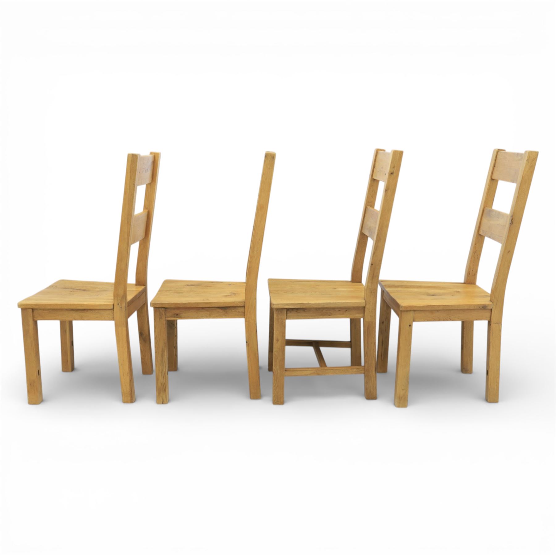 Modern light oak rectangular dining table, and eight high back chairs, stowable leaves extending to 270cm