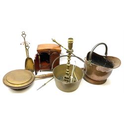 Collection of metal ware, including jam pan, coal bucket and bed warmer, along with a smokers cabinet with two pipes. 