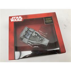 Star Wars - Disney Store The Force Awakens figurine playset, Poe's X-Wing Fighter, Snowspeeder and First Order Tie Fighter; Solo figurine set; The Last Jedi Elite Series die-cast action figure of Praetorian Guard; all mint and boxed; together with Star Wars Episode 1 card game, boxed (7)