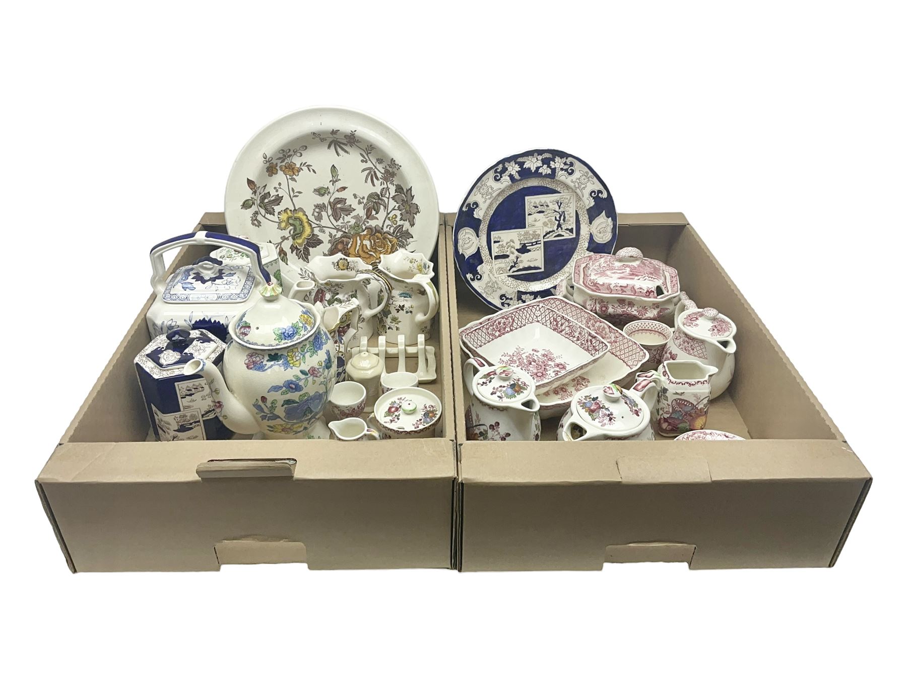 Masons Ironstone ceramics, including Double Landscape pattern plate and jar and cover, Fruit Basket pattern tea pots, etc, in two boxes