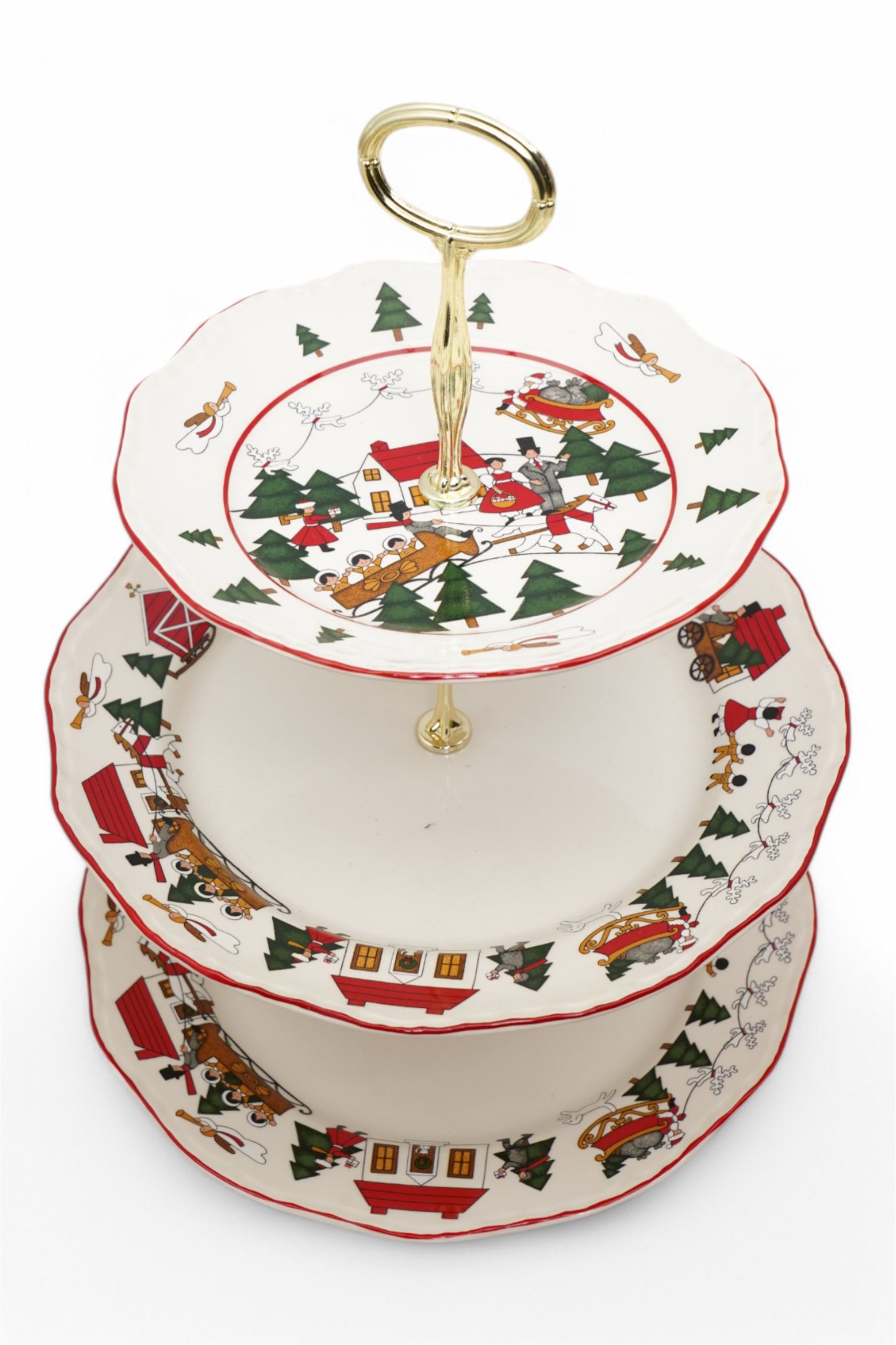 Masons Christmas Village tea wares, designed by Marsten-Mandrajji, comprising three-tiered an other cake stand, large bowl and jug, two twin-handled serving dishes, mug and two teacups, plates of various sizes etc