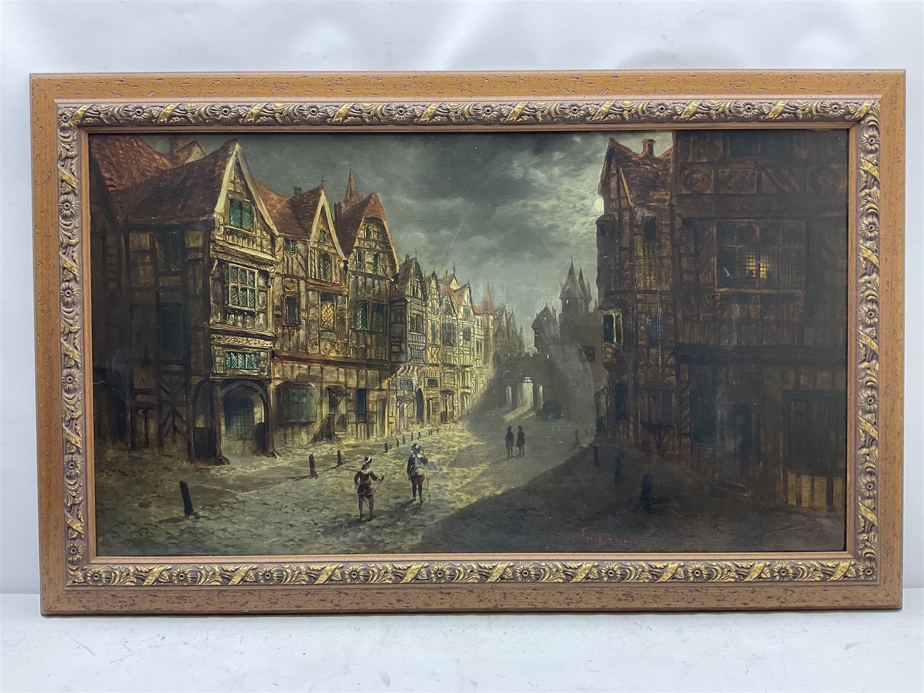 Frank Hider (British 1861-1933): 17th century Street Scene by Moonlight, oil on canvas signed and dated 1886, 59cm x 106cm