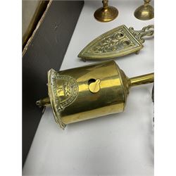 Quantity of brass to include Victorian roasting bottle jack by John Linwood, pair of candlesticks and further miniature candlesticks, rectangular tray, vases etc in two boxes