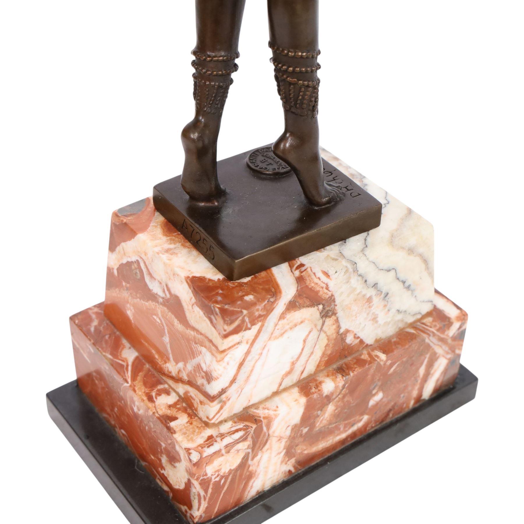After Demétre Haralamb Chiparus (Romanian 1886-1947): Art Deco style bronze figure modelled as a dancer with outstretched arms, signed to the stepped bronze base and also bearing foundry stamp, upon a tapering marble plinth, overall H49cm
