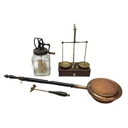 Glass manual butter churn, H38cm, brass scales on base with drawer and weights, copper bed warming pan etc