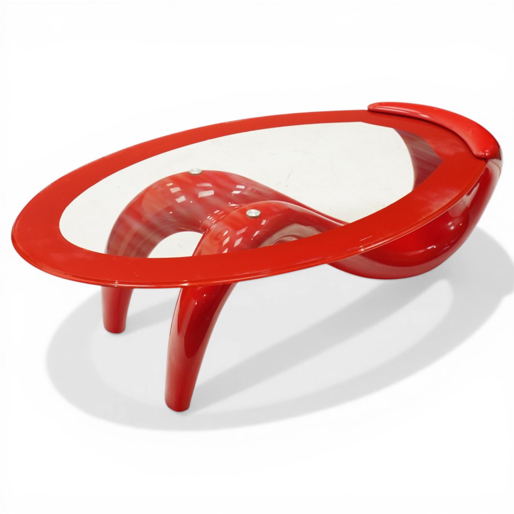 Italian post-modern design coffee table, oval glazed top with red banding over a shaped base of female form