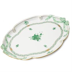 Herend porcelain Tete a Tete decorated in the green Chinese Bouquet pattern, comprising cabaret tray, two cups and saucers, tea pot, leaf shape bowl and milk jug
