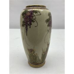 Japanese Satsuma Meiji period vase painted with a mountainous river landscape scene with wisteria and irises; together with a pair of similarly painted small dishes, signature beneath, vase H15cm