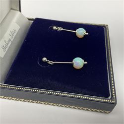 Silver opal pendant stud earrings, stamped 925, boxed