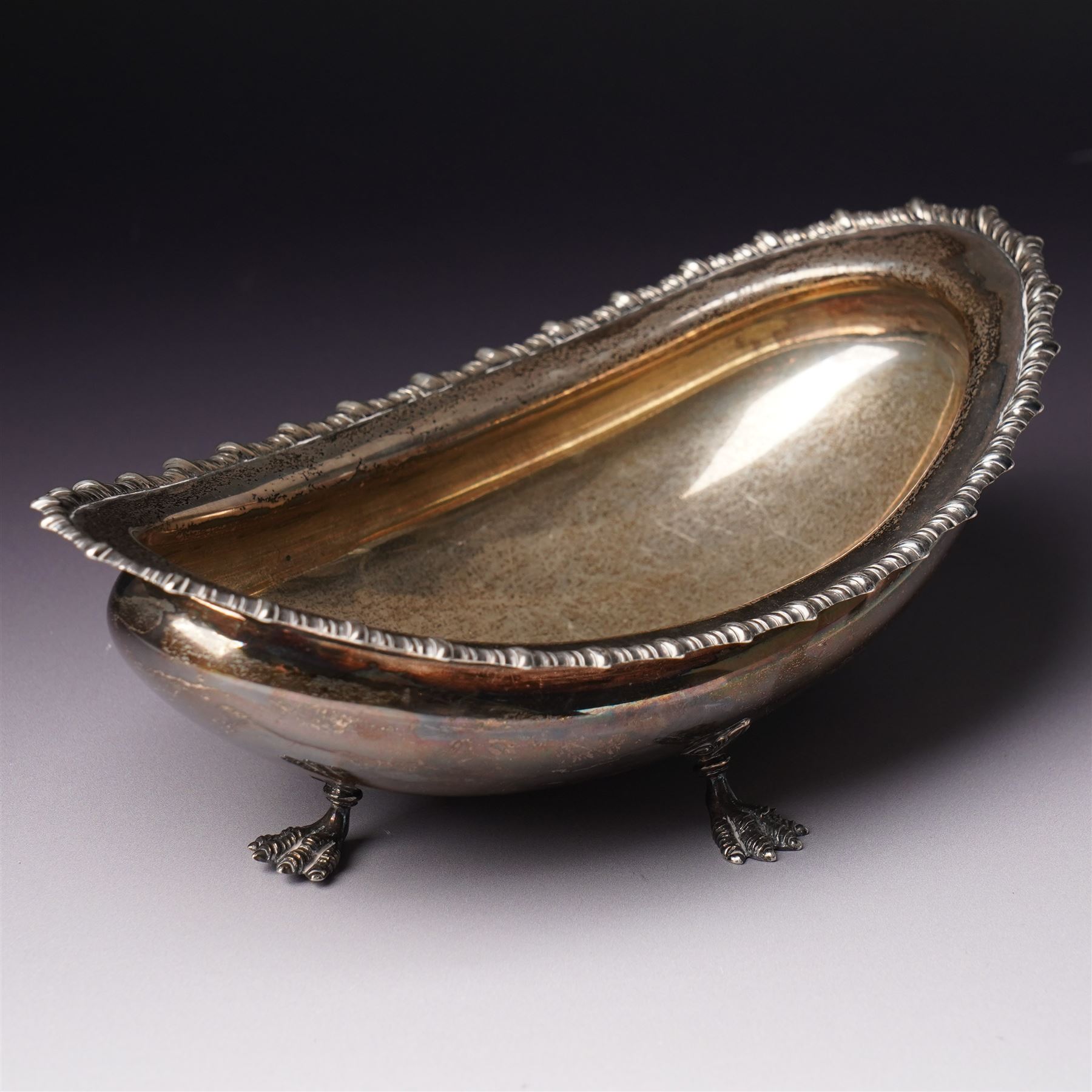 Edwardian silver oval bowl with gadrooned edge and on four paw feet W20cm Sheffield 1901 Maker James Dixon & Sons