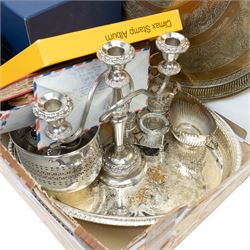 Copper jelly mould, Bohemia crystal decanter, boxed, assorted silver plated items, Benares brass tray, stamp albums and a Victorian pewter coffee pot