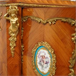 Late 19th century French Louis XV style kingwood and ormolu mounted bonheur du jour, the upper section with a pierced three-quarter gallery over a pair of cupboard doors inset with Sèvres-style porcelain portrait plaques, enclosing a shelved interior over two short drawers, the serpentine top and apron richly mounted with gilt-bronze foliate and scroll motifs, single frieze drawer below on cabriole supports with acanthus cast sabots