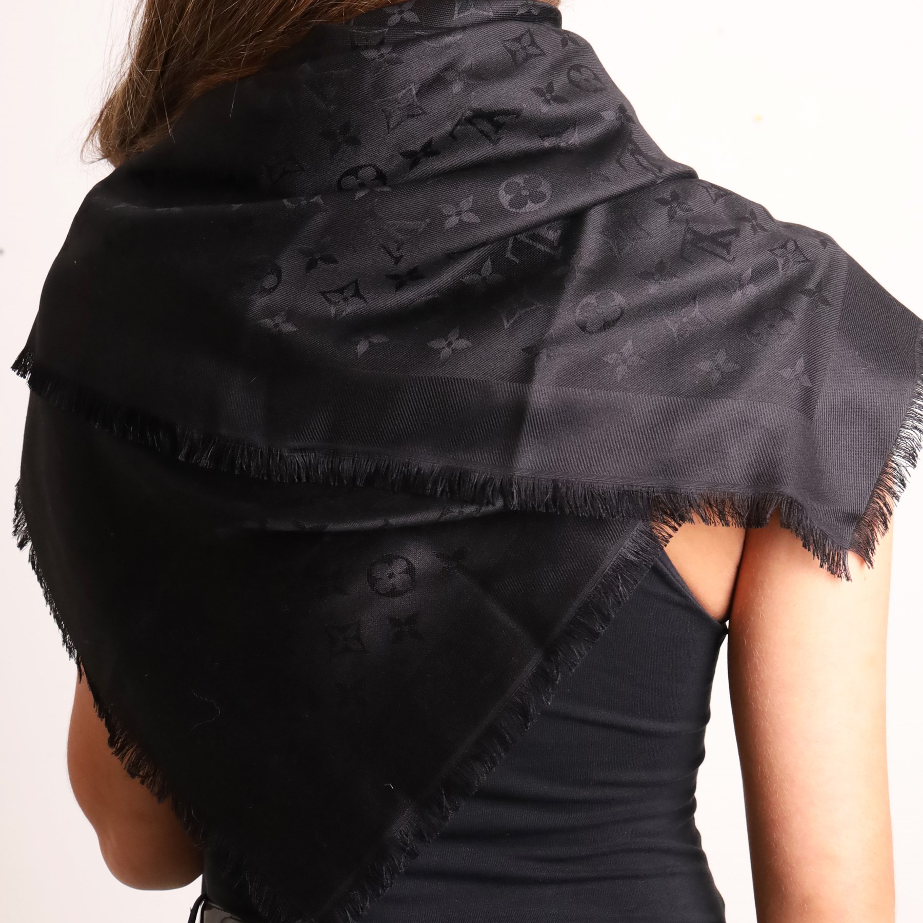 Louis Vuitton - large black Monogram silk and wool shawl, woven tone-on-tone with fringed edges
