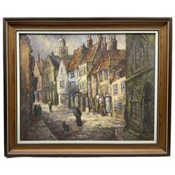 Donald Gray Midgely (British 1918-1995): 'Church Street in Winter - Whitby North Yorkshire', oil on board signed and dated '72, titled verso 39cm x 50cm 
Notes: Midgley was born in Halifax, moved to Whitby after his mother Lottie died. Lived at 2 Salt Pan Steps.
