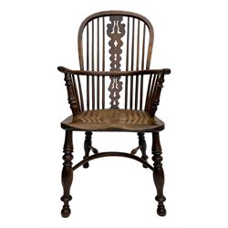 19th century yew wood and elm Windsor armchair, shaped and pierced splat back, turned supports with crinoline stretcher