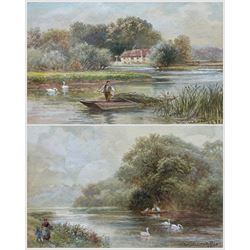 Walter Duncan (British 1848-1932): 'Clevedon Woods on the Thames' and 'The Rush Boat - Pangbourne on the Thames', pair watercolours signed and dated 1910, titled in a later hand verso 13cm x 18cm (2)