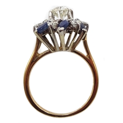 18ct gold diamond and sapphire ring, the central old cut diamond of approx 0.75 carat, with round brilliant cut diamonds and marquise cut sapphires