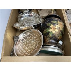 Glass vase of baluster form painted with flowers, Nachtmann decanter, other glass ware, table lamps, framed pictures, metal ware etc in three boxes