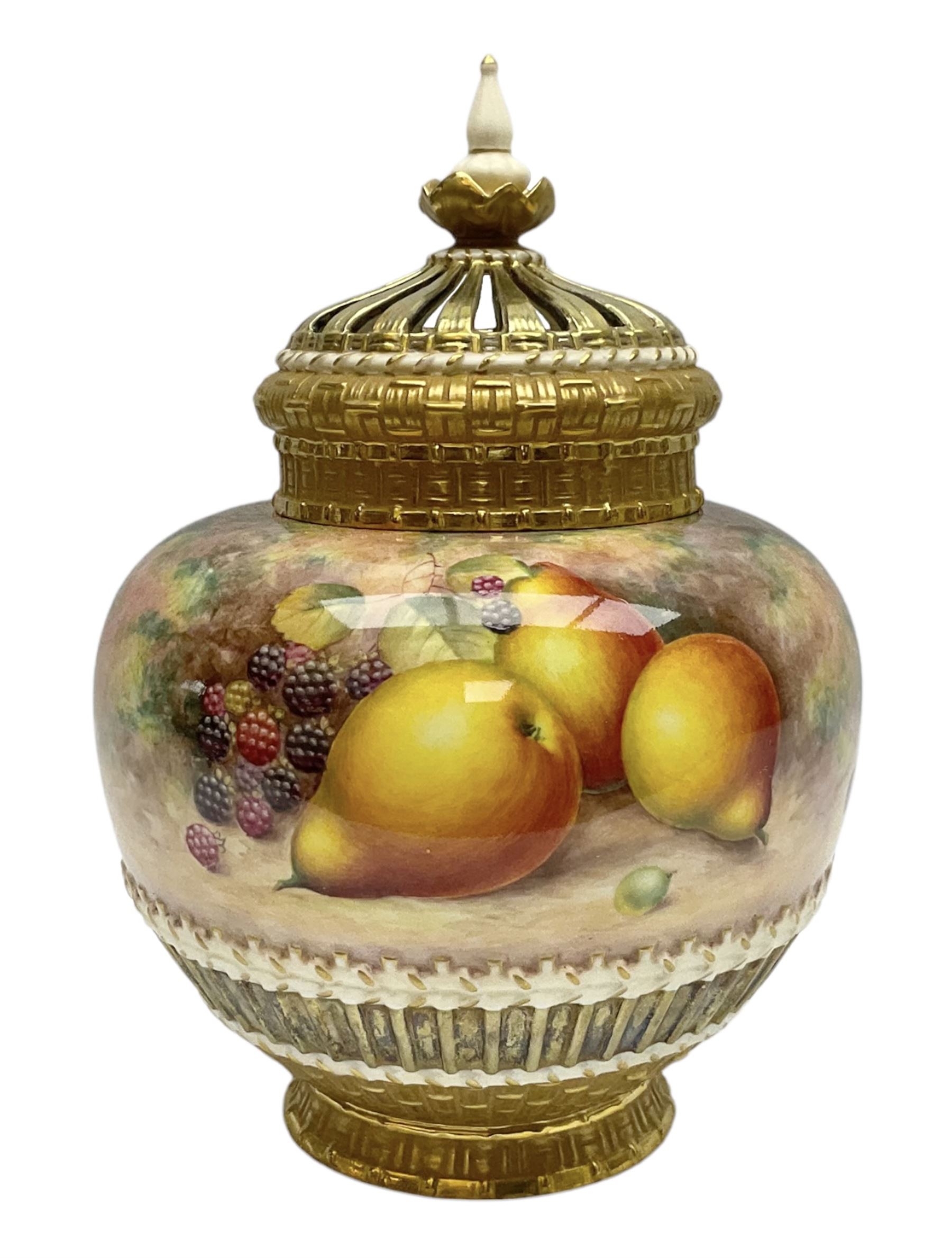 Mid 20th century Royal Worcester potpourri vase and cover decorated by Alan Telford, of ovoid form with inner cover and pierced gilt outer cover with bud finial, upon short gilt circular foot, the body part moulded with basket weave bands in gilt and bronze, and hand painted with a still life of fruit upon a mossy ground, signed Telford, with black printed mark beneath and painted shape number 1286, H25.5cm