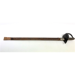 WW1 period British Infantry officer's sword, the 60cm cut-down steel blade marked E. Thurkle Maker Soho London and decorated with VR cypher, black painted guard and wire bound fish skin grip, in compatibly cut-down scabbard L78cm overall; and two axes, one with Hults Bruk blade on later handle (3)
