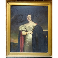  Portrait of a Lady, three-quarter-length Standing in a Landscape in a white silk gown and cloak, 19th century oil on canvas unsigned 126cm x 100cm  