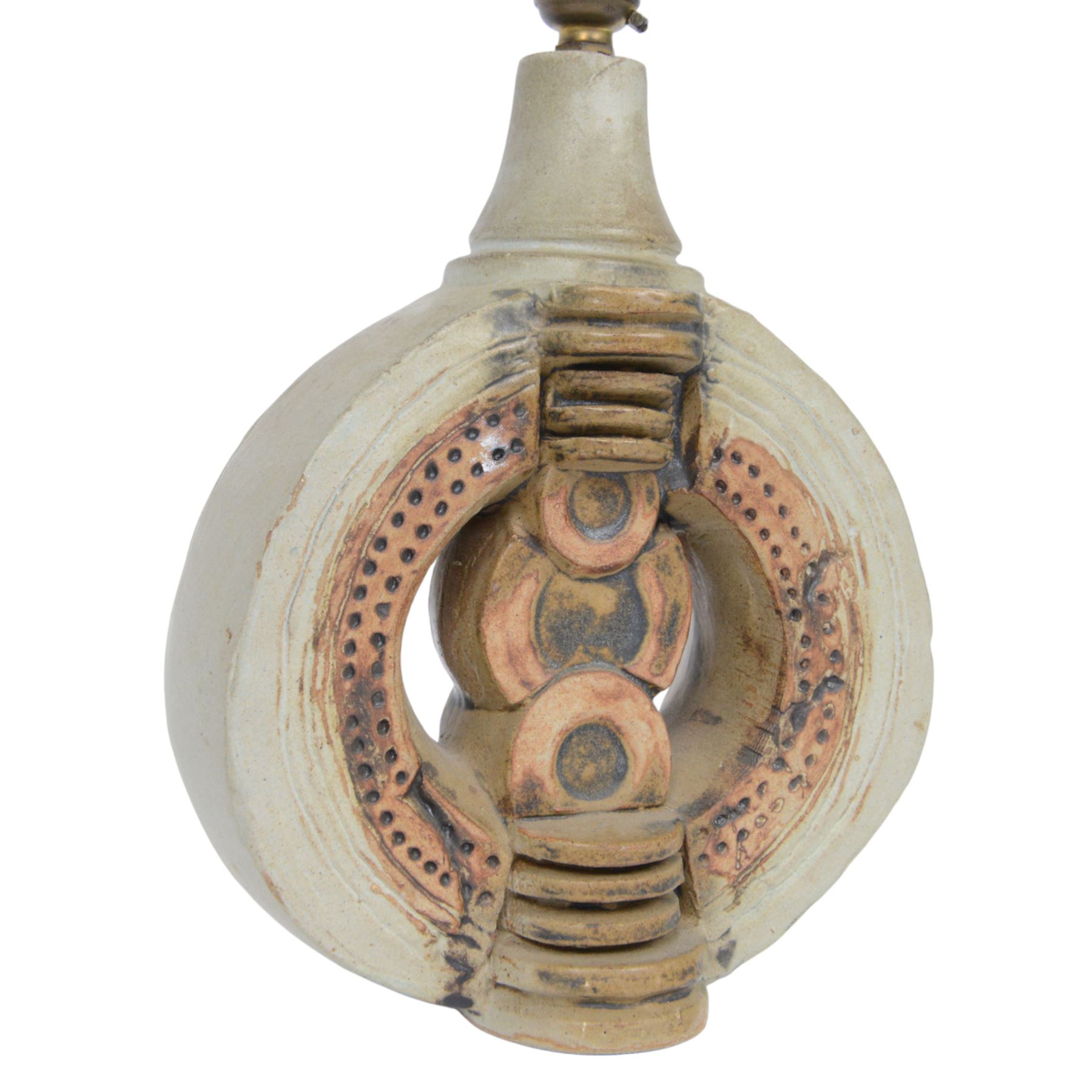 Bernard Rooke (British 1938-): two studio pottery table lamp bases, each with relief moulded abstract designs, signed with initials, tallest H40cm