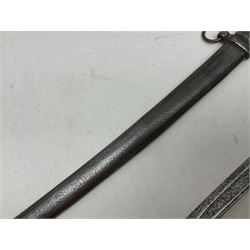 19th century French 1822 Pattern Light Cavalry trooper's sword with 88.5cm slightly curving fullered blade, brass three-bar hilt and wire-bound leather grip; in polished steel scabbard with two suspension rings L110.5cm overall