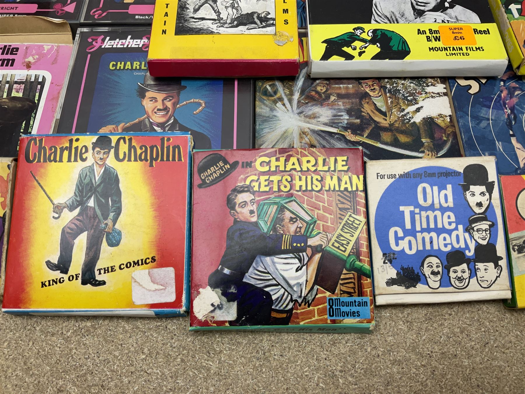 Film reels, mostly 8mm, to include Charlie Chaplin, Laurel & Hardy, The 3 Stooges, Spartacus the Gladiator etc 