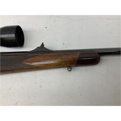 30-06 Steyr-Mannlicher Model M bolt-action rifle, the 61cm hammer forged barrel with side safety, double set trigger and lift-out rotary magazine, walnut stock with chequered pistol grip and fore-end and additional soft leather cheek piece, Pecar Berlin Champion 8 x 45 telescopic sight with quick release mounts, serial no.204791 L111cm FIREARMS CERTIFICATE REQUIRED OR RFD