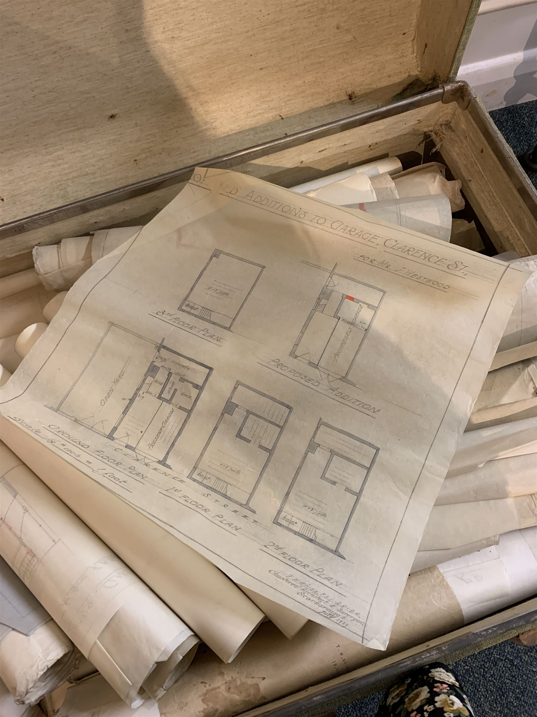Thomas William Whipp ARIBA (1880-1950) (Chartered Architect and Surveyor): Quantity of architectural drawings and plans relating to Scarborough including: Manor Road Boarding House 1932, Temperance Hall Falsgrave Road 1935, Londesborough Theatre and Picture House 1930 Cooperative Bakery Victoria Road 1938, 4 Valley Bridge Parade 1927, Cooperative Society 181-183 Dean Road 1931, Mill Lane Bakery 1938, housed in a canvas steamer style trunk, wood and metal bound, L91cm
