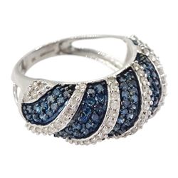 White gold pave set blue and white diamond ring, hallmarked 9ct, total blue diamond weight approx 1.05 carat, total white diamond weight approx 0.45 carat